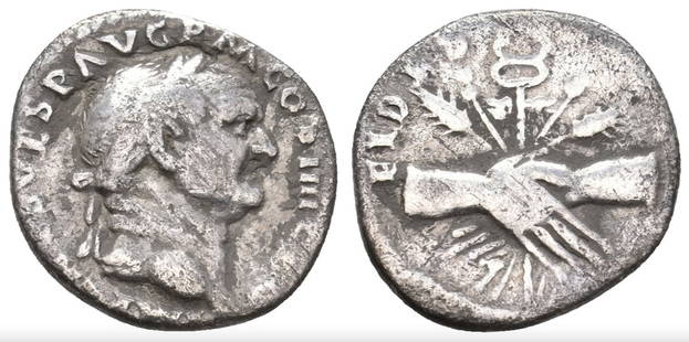 Roman, Denarius, Vespasian, 69 - 79 A.D: RULER: Vespasian DATE: 69 - 79 A.D DENOMINATION: Denarius MATERIAL: Silver SIZE & WEIGHT: 19 mm, 2,74 gr OBVERSE: IMP CAES VESP AVG PM COS IIII CEN, laureate head right REVERSE: FIDES PVBL, clasped