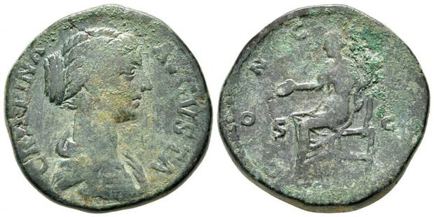 Roman, Sestertius, Crispina, wife of Commodus, 178 - 182 A.D: RULER: Crispina, wife of Commodus DATE: 178 - 182 A.D DENOMINATION: Sestertius MATERIAL: Bronze SIZE & WEIGHT: 29 mm, 22,76 gr OBVERSE: CRISPINA AVGVSTA, draped bust right REVERSE: CONCORDIA S-C,