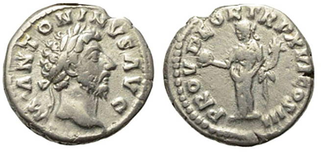 Roman, Denarius, Marcus Aurelius, 139 - 180 A.D: RULER: Marcus Aurelius DATE: 139 - 180 A.D DENOMINATION: Denarius MATERIAL: Silver SIZE & WEIGHT: 16 mm, 3,16 gr OBVERSE: M ANTONINVS AVG - Bare head right. REVERSE: PROV DEOR TR P XVI COS III -