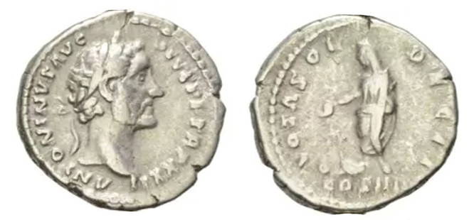 Roman, Denarius, Antoninus Pius, 158 - 159 A.D: RULER: Antoninus Pius DATE: 158 - 159 A.D DENOMINATION: Denarius MATERIAL: Silver SIZE & WEIGHT: 17 mm, 3,18 gr OBVERSE: ANTONINVS AVG PIVS P P TR P XXII, laureate head right REVERSE: VOTA SOL DEC