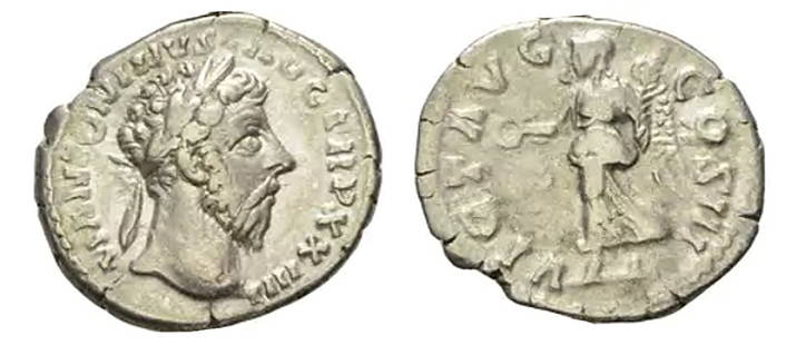 Roman, Denarius, Marcus Aurelius, 139 - 180 A.D: RULER: Marcus Aurelius DATE: 139 - 180 A.D DENOMINATION: Denarius MATERIAL: Silver SIZE & WEIGHT: 18 mm, 3,04 gr OBVERSE: M ANTONINVS AVG TR P XXIII, laureate head right REVERSE: VICT AVG COS III,