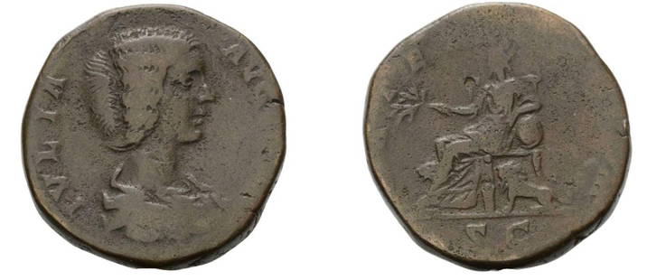 Roman, Sestertius, Julia Domna, 198 A.D: RULER: Julia Domna DATE: 198 A.D DENOMINATION: Sestertius MATERIAL: Bronze SIZE & WEIGHT: 28 mm, 23,82 gr OBVERSE: IVLIA AVGVSTA Draped bust right, hair in bun behind. REVERSE: MATER DEVM, Cybele