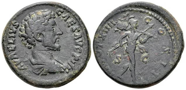 Roman, Dupondius, Marcus Aurelius, 159 - 160 A.D: RULER: Marcus Aurelius DATE: 159 - 160 A.D DENOMINATION: Sestertius MATERIAL: Bronze SIZE & WEIGHT: 26 mm, 16,88 gr OBVERSE: AVRELIVS CAESAR AVG PII F, draped and cuirassed bust right REVERSE: TR