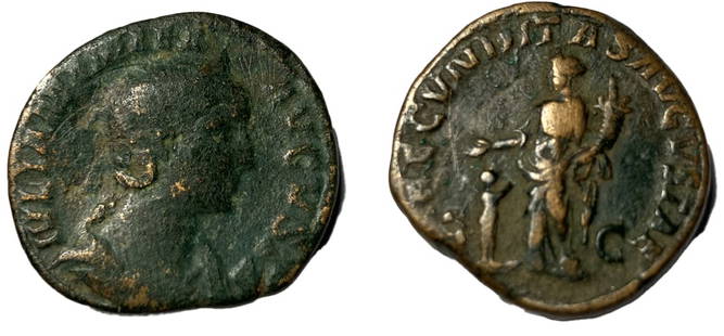 Roman, Sestertius, Julia Mamaea, 222 - 235 A.D: RULER: Julia Mamaea, Mother of Severus Alexander DATE: 222 - 235 A.D DENOMINATION: Sestertius MATERIAL: Bronze SIZE & WEIGHT: 29 mm, 18,74 gr OBVERSE: IVLIA MAMAEA AVGVSTA, her diademed and draped
