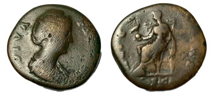 Roman, Sestertius, Faustina I, After 141 A.D: RULER: Faustina I DATE: After 141 A.D DENOMINATION: Sestertius MATERIAL: Bronze SIZE & WEIGHT: 30 mm, 27,78 gr OBVERSE: DIVA FAVSTINA, draped bust right REVERSE: AETERNITAS S-C, Aeternitas seated