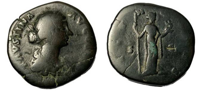Roman, Sestertius, Faustina II, 161 - 180 A.D: RULER: Faustina II DATE: 161 - 180 A.D DENOMINATION: Sestertius MATERIAL: Bronze SIZE & WEIGHT: 31 mm, 21,20 gr OBVERSE: FAVSTINA AVGVSTA REVERSE: FECVNDITAS S.C. Empress As Fecvnditas holding