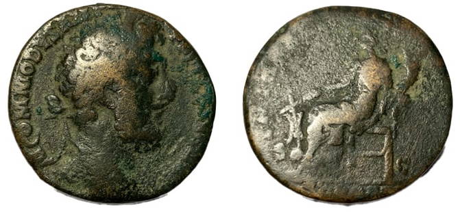 Roman, Sestertius, Commodus, 188 A.D: RULER: Commodus DATE: 188 A.D DENOMINATION: Sestertius MATERIAL: Bronze SIZE & WEIGHT: 27 mm, 18,18 gr OBVERSE: M COMMODVS ANT P FELIX AVG BRIT laureate head facing right REVERSE: P M TR P XIII IMP
