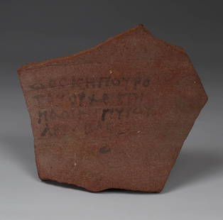 Egyptian ostracon with Greek text: ITEM: Ostracon with Greek text MATERIAL: Pottery CULTURE: Egyptian PERIOD: Ptolemaic period, 3rd - 1st Century B.C DIMENSIONS: 82 mm x 95 mm 6 mm CONDITION: Good condition PROVENANCE: Ex Swedish