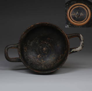 Greek skyphos with graffiti: ITEM: Skyphos with graffiti MATERIAL: Pottery CULTURE: Greek, Attic PERIOD: 5th Century B.C DIMENSIONS: 44 mm x 160 mm x 103 mm CONDITION: Good condition PROVENANCE: Ex German private collection,