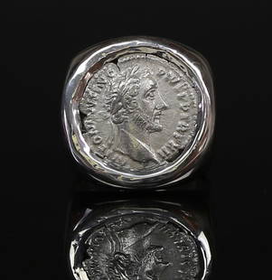 Ring with Antoninus Pius denarius: ITEM: Ring with Antoninus Pius denarius. Obverse: ANTONINVS AVG PIVS PP TR P XII, laureate head right. Reverse: COS IIII, Felicitas standing left, holding caduceus and cornucopia. References: RSC