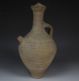 Byzantine spouted jug: ITEM: Spouted jug with engraved ?-decor. MATERIAL: Pottery CULTURE: Early Byzantine PERIOD: 5th - 7th Century A.D DIMENSIONS: 290 mm x 155 mm CONDITION: Good condition PROVENANCE: Ex German private