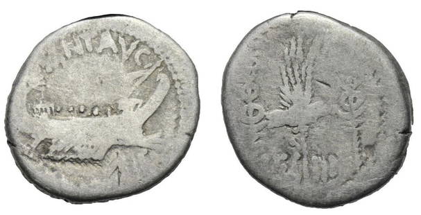 Roman, Denarius, Marc Antony, 32-31 B.C: RULER: Marc Antony DATE: Patrae (?), 32-31 B.C DENOMINATION: Denarius MATERIAL: Silver, AR SIZE & WEIGHT: 17 mm, 3,4 gr OBVERSE: ANT AVG III VIR R P C, Praetorian galley REVERSE: LEG III, Legionary