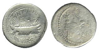 Roman, Denarius, Marc Antony, 32-31 B.C: RULER: Marc Antony DATE: Patrae (?), 32-31 B.C DENOMINATION: Denarius MATERIAL: Silver, AR SIZE & WEIGHT: 18 mm, 3,4 gr OBVERSE: ANT AVG III VIR R P C, Praetorian galley REVERSE: LEG XX, Legionary