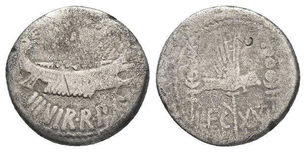Roman, Denarius, Marc Antony, 32-31 B.C: RULER: Marc Antony DATE: Patrae (?), 32-31 B.C DENOMINATION: Denarius MATERIAL: Silver, AR SIZE & WEIGHT: 17 mm, 3,26 gr OBVERSE: ANT AVG III VIR R P C, Praetorian galley REVERSE: LEG XXI, Legionary