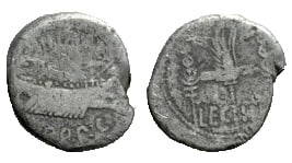 Roman, Denarius, Marc Antony, 32-31 B.C: RULER: Marc Antony DATE: Patrae (?), 32-31 B.C DENOMINATION: Denarius MATERIAL: Silver, AR SIZE & WEIGHT: 17 mm, 3 gr OBVERSE: ANT AVG III VIR R P C, Praetorian galley REVERSE: LEG III, Legionary
