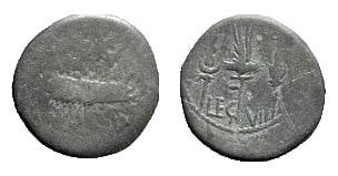 Roman, Denarius, Marc Antony, 32-31 B.C: RULER: Marc Antony DATE: Patrae (?), 32-31 B.C DENOMINATION: Denarius MATERIAL: Silver, AR SIZE & WEIGHT: 17 mm, 2,9 gr OBVERSE: ANT AVG III VIR R P C, Praetorian galley REVERSE: LEG VII, Legionary