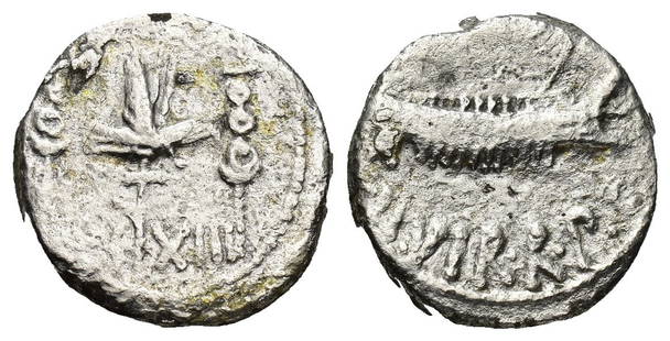 Roman, Denarius, Marc Antony, 32-31 B.C: RULER: Marc Antony DATE: Patrae (?), 32-31 B.C DENOMINATION: Denarius MATERIAL: Silver, AR SIZE & WEIGHT: 15 mm, 2,94 gr OBVERSE: ANT AVG III VIR R P C, Praetorian galley REVERSE: LEG XIII, Legionary