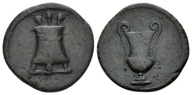 Roman, Tessera, Domitian to Antoninus Pius, 81-161 A.D: RULER: Domitian to Antoninus Pius DATE: 81 - 161 A.D DENOMINATION: Tessera MATERIAL: Bronze, AE SIZE & WEIGHT: 19 mm, 2,8 gr OBVERSE: Modius with three grain ears REVERSE: Cantharus REFERENCES: C.