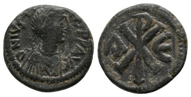 Byzantine, Pentanummium, Justin I, 512-518 A.D: RULER: Justin I DATE: 512 - 518 A.D DENOMINATION: Pentanummium MATERIAL: Bronze, AE SIZE & WEIGHT: 14 mm, 2,18 gr OBVERSE: DN IVSTINVS PP AVG, pearl diademed, draped, cuirassed bust right REVERSE:
