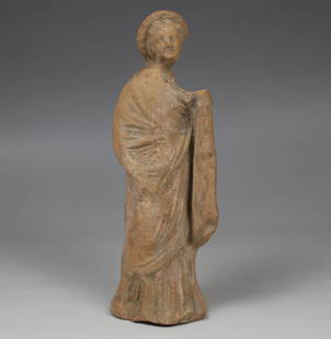 Greek Tanagra figurine: ITEM: Tanagra figurine MATERIAL: Pottery CULTURE: Greek PERIOD: 4th - 3rd Century B.C DIMENSIONS: 163 mm x 63 mm CONDITION: Good condition PROVENANCE: Ex English private collection, J.P., acquired