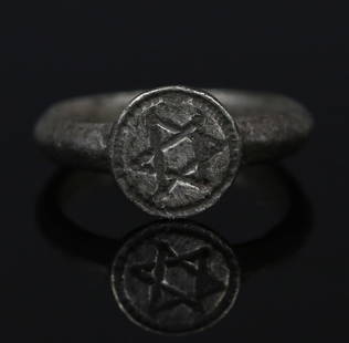 Medieval ring depicting a hexagram: ITEM: Ring depicting a hexagram MATERIAL: Silver CULTURE: Medieval PERIOD: 11th - 14th Century A.D DIMENSIONS: 15 mm diameter CONDITION: Good condition PROVENANCE: Ex Dutch private collection,