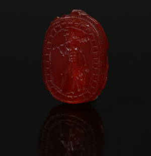 Etruscan scarab with Herakles: ITEM: Scarab with Herakles MATERIAL: Carnelian CULTURE: Etruscan PERIOD: 5th Century B.C DIMENSIONS: 15 mm x 10 mm CONDITION: Good condition PROVENANCE: Ex European private collection, Ex Galerie