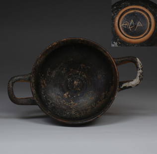 Greek skyphos with graffiti: ITEM: Skyphos with graffiti MATERIAL: Pottery CULTURE: Greek, Attic PERIOD: 5th Century B.C DIMENSIONS: 44 mm x 160 mm x 103 mm CONDITION: Good condition PROVENANCE: Ex German private collection,