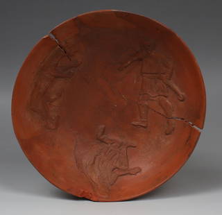 Roman bowl depicting a venatio: ITEM: Bowl depicting a venatio MATERIAL: Pottery CULTURE: Roman PERIOD: 3rd - 4th Century A.D DIMENSIONS: 40 mm x 160 mm diameter CONDITION: Good condition, restored PROVENANCE: Ex French private