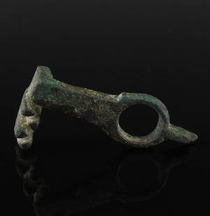 Roman key: ITEM: Key MATERIAL: Bronze CULTURE: Roman PERIOD: 1st - 3rd Century A.D DIMENSIONS: 45 mm x 24 mm CONDITION: Good condition PROVENANCE: Ex German private collection, Dr. K.B., Munich, since the 1970s