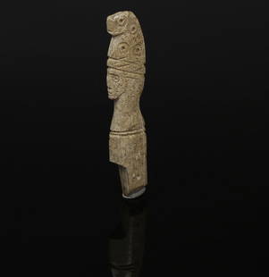 Roman knife handle in the form of a male head with phrygian cap: ITEM: Knife handle in the form of a male head with phrygian cap MATERIAL: Bone CULTURE: Roman PERIOD: 2nd - 3rd Century A.D DIMENSIONS: 66 mm x 14 mm CONDITION: Good condition PROVENANCE: Ex German