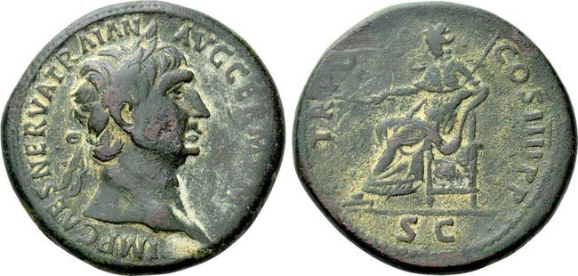 Roman, Sestertius, Trajan, 98 - 117 A.D: RULER: Trajan DATE: 98 - 117 A.D DENOMINATION: Sestertius MATERIAL: Bronze SIZE & WEIGHT: 36 mm, 26,1 gr OBVERSE: IMP CAES NERVA TRAIAN AVG GERM P M. Laureate head right. REVERSE: TR POT COS IIII P P