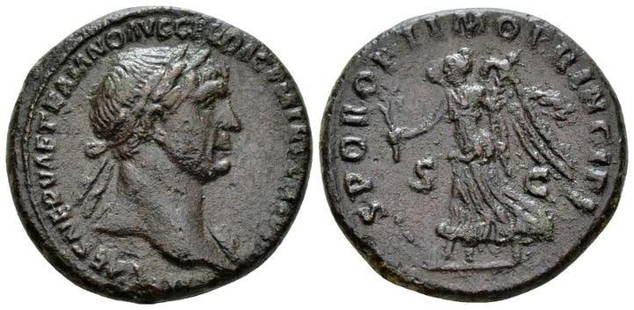 Roman, As, Trajan, 98 - 117 A.D: RULER: Trajan DATE: 98 - 117 A.D DENOMINATION: As MATERIAL: Bronze SIZE & WEIGHT: 26 mm, 12,11 gr OBVERSE: Laureate bust right. IMP CAES NERVAE TRAIANO AVG GER DAC PM TRP COS V P P REVERSE: SPQR