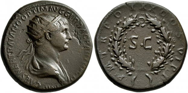 Roman, Dupondius, Trajan, 98 - 117 A.D: RULER: Trajan DATE: 98 - 117 A.D DENOMINATION: Dupondius MATERIAL: Orichalcum SIZE & WEIGHT: 23 mm, 9,24 gr OBVERSE: IMP CAES NER TRAIANO OPTIM AVG GER DAC PARTHICO, Radiate and draped bust of Trajan