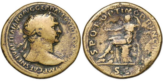 Roman, Sestertius, Trajan, 98 - 117 A.D: RULER: Trajan DATE: 98 - 117 A.D DENOMINATION: Sestertius MATERIAL: Bronze SIZE & WEIGHT: 27,50 gr OBVERSE: IMP CAES NERVAE TRAIANO AVG GER DAC PM TR P COS V PP, laureate bust right, slight drapery