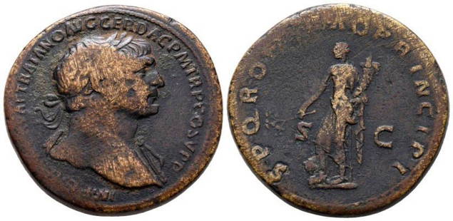 Roman, Sestertius, Trajan, 98 - 117 A.D: RULER: Trajan DATE: 98 - 117 A.D DENOMINATION: Sestertius MATERIAL: Bronze SIZE & WEIGHT: 33 mm, 25,09 gr OBVERSE: IMP CAES NERVAE TRAIANO AVG GER DAC PM TRP COS V P P, laureate head right REVERSE: