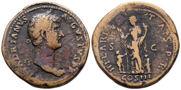 Roman, Sestertius, Hadrian, 117 - 138 A.D: RULER: Hadrian DATE: 117 - 138 A.D DENOMINATION: Sestertius MATERIAL: Bronze SIZE & WEIGHT: 35 mm, 28,35 gr OBVERSE: HADRIANVS AVGVSTVS P P, laureate head right, slight drapery on left shoulder