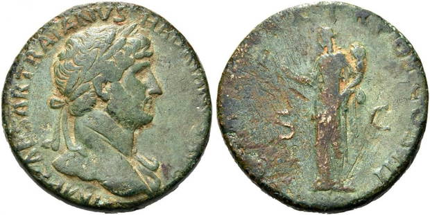 Roman, Sestertius, Hadrian, 117 - 138 A.D: RULER: Hadrian DATE: 117 - 138 A.D DENOMINATION: Sestertius MATERIAL: Bronze SIZE & WEIGHT: 23,04 gr OBVERSE: IMP CAESAR TRAIANVS HADRIANVS AVG, laureate bust right REVERSE: PONT MAX TR POT COS III,