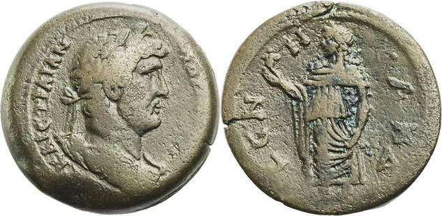 Roman, Drachm, Hadrian, 117 - 138 A.D: RULER: Hadrian DATE: 117 - 138 A.D DENOMINATION: Drachm MATERIAL: Bronze SIZE & WEIGHT: 31 mm, 24,79 gr OBVERSE: AVT KAIC T?AIAN A??IANOC CEB, laureate, draped, cuirassed bust right REVERSE: