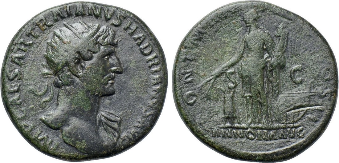 Roman, Dupondius, Hadrian, 117 - 138 A.D: RULER: Hadrian DATE: 117 - 138 A.D DENOMINATION: Dupondius MATERIAL: Bronze SIZE & WEIGHT: 25 mm, 11,04 gr OBVERSE: IMP CAESAR HADRIANVS AVG, radiate bust right, with slight drapery REVER