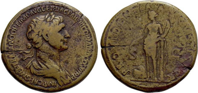 Roman, Sestertius, Trajan, 98 - 117 A.D: RULER: Trajan DATE: 98 - 117 A.D DENOMINATION: Sestertius MATERIAL: Bronze SIZE & WEIGHT: 34 mm, 25,96 gr OBVERSE: IMP CAES NER TRAIANO OPTIMO AVG GER DAC PARTHICO PM TR P COS VI P P, laureate and
