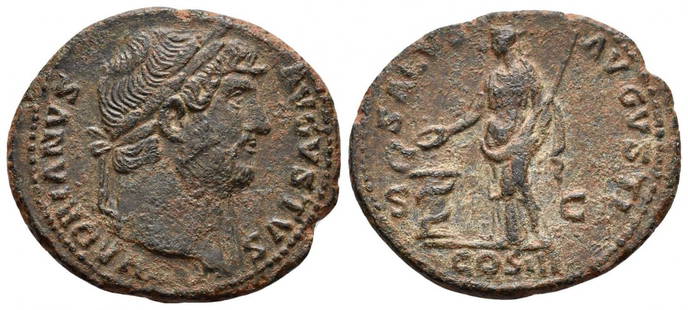 Roman, As, Hadrian, 117 - 138 A.D: RULER: Hadrian DATE: 117 - 138 A.D DENOMINATION: As MATERIAL: Bronze SIZE & WEIGHT: 9,21 gr OBVERSE: HADRIANVS AVGVSTVS, laureate head right REVERSE: SALVS AVGVSTI S-C, COS III below, Salus standing