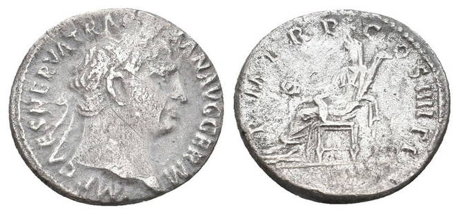 Roman, Denarius, Trajan, 98 - 117 A.D: RULER: Trajan DATE: 98 - 117 A.D DENOMINATION: Denarius MATERIAL: Silver SIZE & WEIGHT: 18 mm, 2,95 gr OBVERSE: IMP CAES NERVA TRAIAN AVG GERM, laureate head right REVERSE: P M TRP COS IIII P P,
