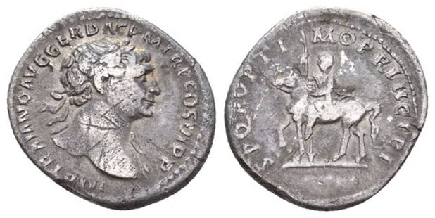 Roman, Denarius, Trajan, 98 - 117 A.D: RULER: Trajan DATE: 98 - 117 A.D DENOMINATION: Denarius MATERIAL: Silver SIZE & WEIGHT: 19,9 mm, 2,91 gr OBVERSE: IMP TRAIANO AVG GER DAC PM TRP COS VI PP, laureate head right, drapery on left