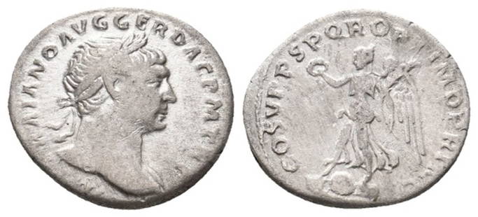 Roman, Denarius, Trajan, 98 - 117 A.D: RULER: Trajan DATE: 98 - 117 A.D DENOMINATION: Denarius MATERIAL: Silver SIZE & WEIGHT: 18,70 mm, 3,14 gr OBVERSE: IMP TRAIANO AVG GER DAC PM TRP, laureate bust right REVERSE: COS V PP SPQR OPTIMO