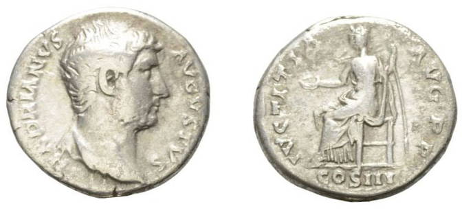 Roman, Denarius, Hadrian, 117 - 138 A.D: RULER: Hadrian DATE: 117 - 138 A.D DENOMINATION: Denarius MATERIAL: Silver SIZE & WEIGHT: 16 mm, 3,30 gr OBVERSE: HADRIANVS AVGVSTVS, bare head right REVERSE: IVSTITIA AVG P P / COS III in exergue,
