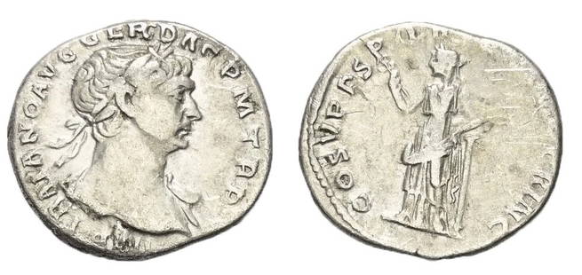 Roman, Denarius, Trajan, 98 - 117 A.D: RULER: Trajan DATE: 98 - 117 A.D DENOMINATION: Denarius MATERIAL: Silver SIZE & WEIGHT: 19 mm, 3,24 gr OBVERSE: TRAIANO AVG GER DAC PM TRP, laureate bust right, draped left shoulder REVERSE: COS V PP