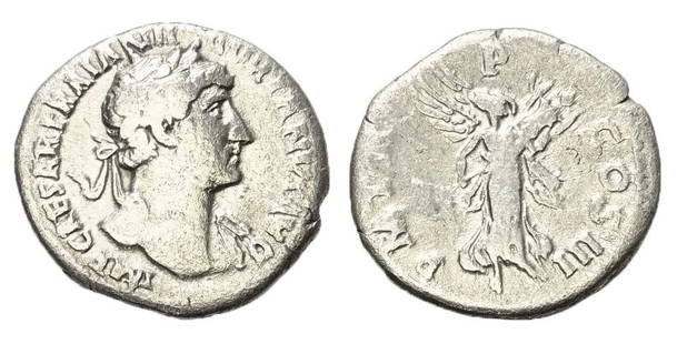 Roman, Denarius, Hadrian, 117 - 138 A.D: RULER: Hadrian DATE: 117 - 138 A.D DENOMINATION: Denarius MATERIAL: Silver SIZE & WEIGHT: 19 mm, 2,64 gr OBVERSE: IMP CAESAR TRAIAN HADRIANVS AVG, laureate head right, slight drapery on left shoulder