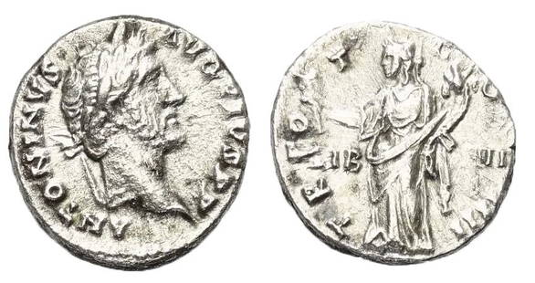 Roman, Denarius, Antoninus Pius, 138 - 161 A.D: RULER: Antoninus Pius DATE: 138 - 161 A.D DENOMINATION: Denarius MATERIAL: Silver SIZE & WEIGHT: 18 mm, 3,00 gr OBVERSE: ANTONINVS AVG PIVS PP, laureate head right REVERSE: TR POT COS IIII,