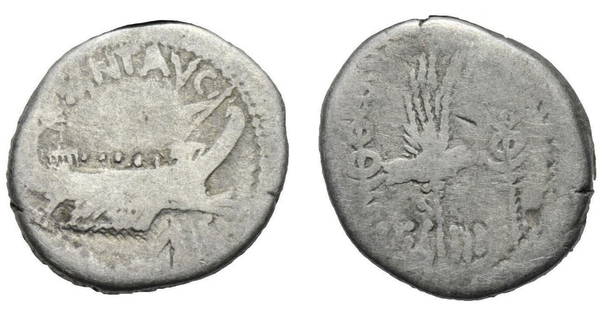 Roman, Denarius, Marc Antony, 32-31 B.C: RULER: Marc Antony DATE: Patrae (?), 32-31 B.C DENOMINATION: Denarius MATERIAL: Silver, AR SIZE & WEIGHT: 17 mm, 3,4 gr OBVERSE: ANT AVG III VIR R P C, Praetorian galley REVERSE: LEG III, Legionary