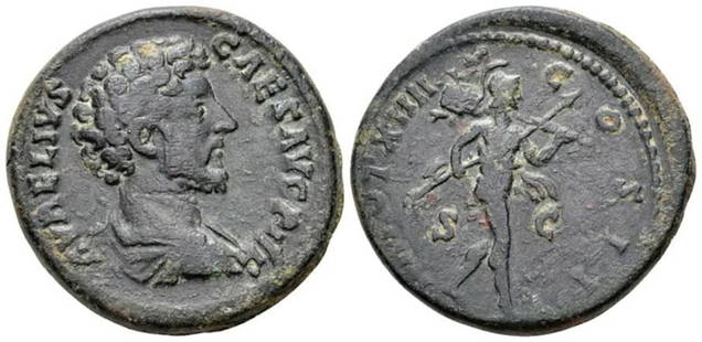 Roman, Dupondius, Marcus Aurelius, 159 - 160 A.D: RULER: Marcus Aurelius DATE: 159 - 160 A.D DENOMINATION: Sestertius MATERIAL: Bronze SIZE & WEIGHT: 26 mm, 16,88 gr OBVERSE: AVRELIVS CAESAR AVG PII F, draped and cuirassed bust right REVERSE: TR